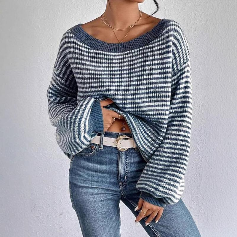Loose Fit Striped Off Shoulder Lantern Sleeve Pullover Sweater