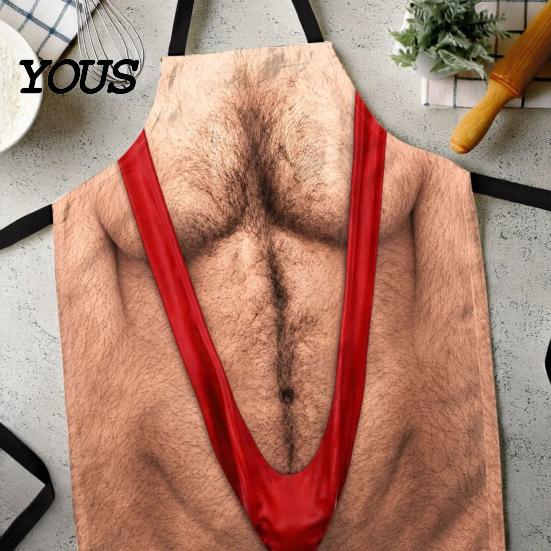 Practical Prank Gifts for Dad Funny 3D Hairy Men's Body Apron, Novelty Muscle Print BBQ Personalized Cooking Gear Bib, Adjustable Polyester