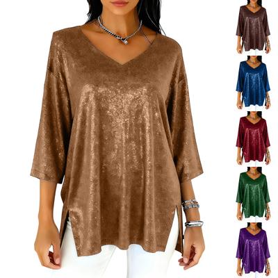 Women's Fashion Loose-Fit V-Neck Three-Quarter Sleeve Split-Hem Color Top