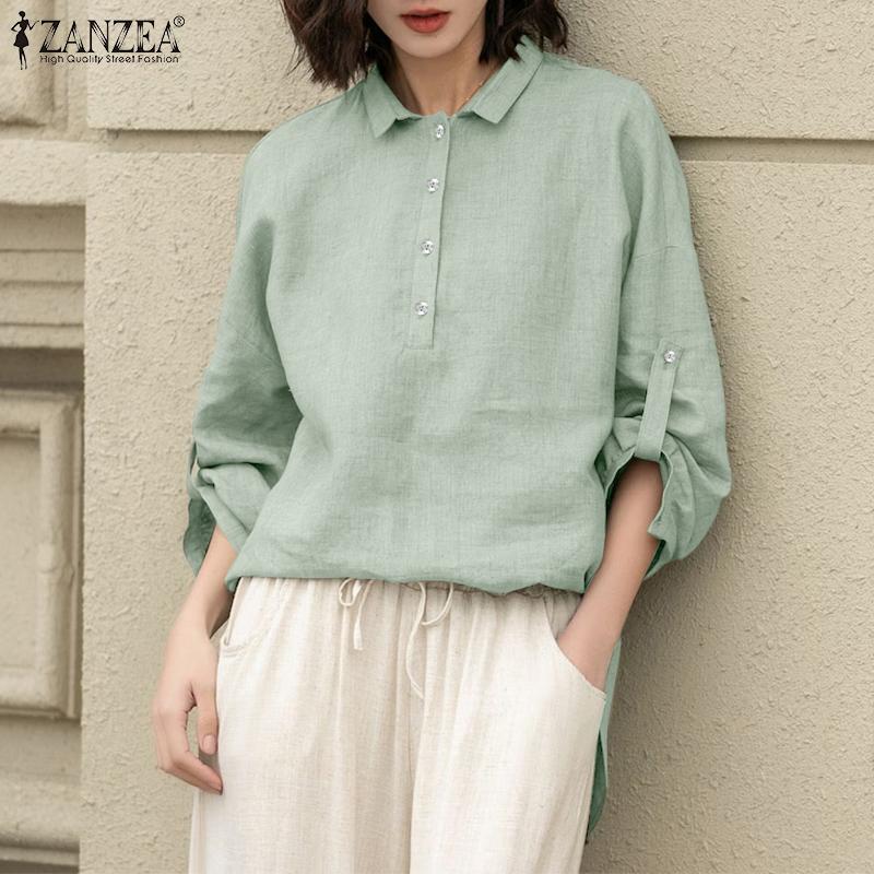 ZANZEA Womens Turn Down Collar Loose 3/4 Sleeve Solid Blouse