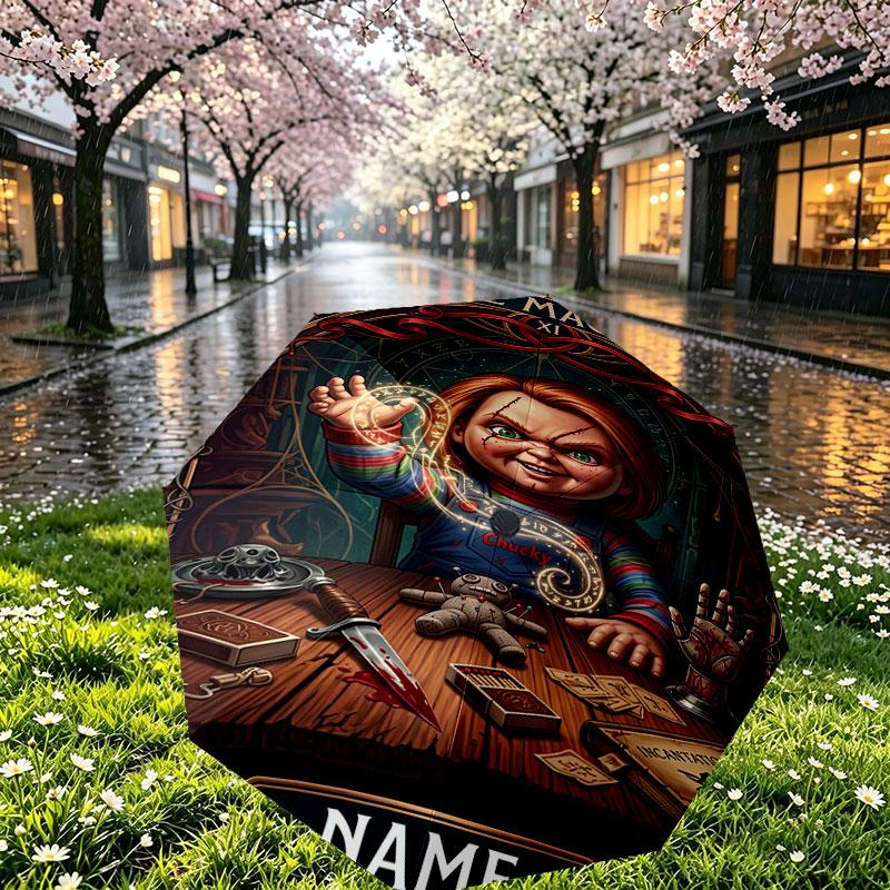 Custom Name Personalized Horror Theme Chucky Print Umbrella, Auto Open Close, 8‑Rib Sturdy Frame, Commute Camping Hiking Use, Birthday Gift