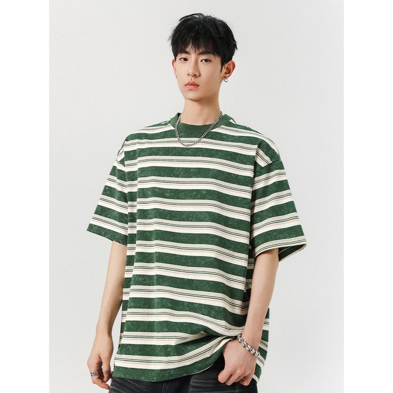 Wassup Trendy Japanese Style Color-Block Striped Short-Sleeve T-Shirt for Men, Summer Loose Fit Versatile Trendy Tee Men's Half-Sleeve Top