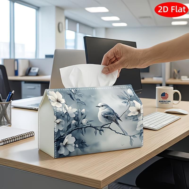 2D Flat, 1pc Tissue Box, Printed on Both Sides, Multifunctional Tissue Box with Bird on Branch with White Flowers in Monochrome Style Design Durable P