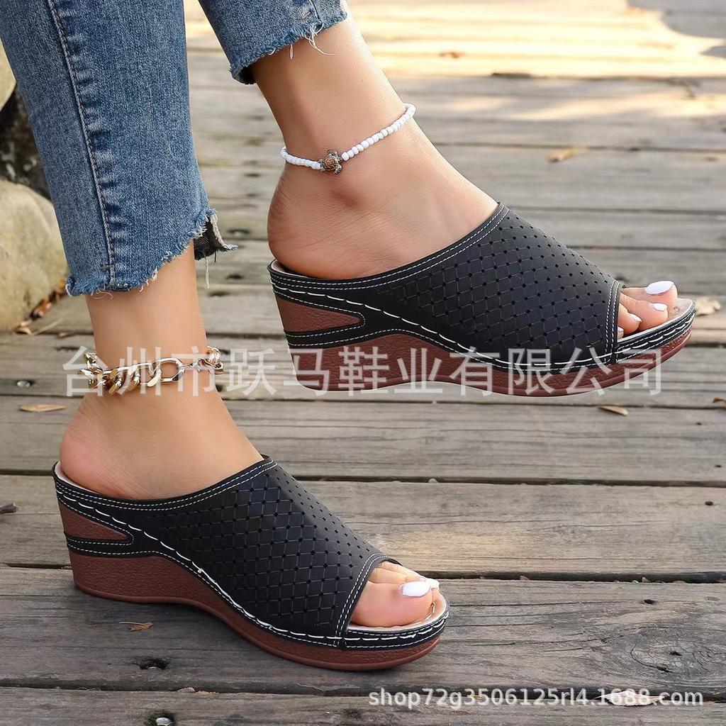 European and American sandals women's large-size wedges, summer new fish mouth laser hollow shoes wear cross-border slippers women