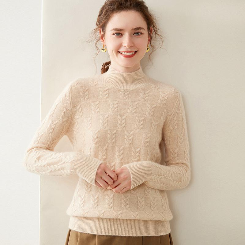 Women's Lazy Style Wheat Ear Cashmere Sweater - Autumn/Winter Solid Color Half-High Neck Knitwear