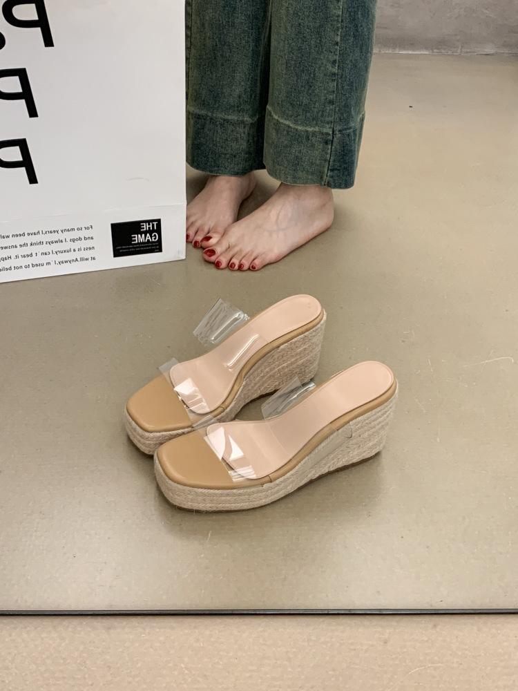 

Ретро супер высокий каблук соломенная танкетка шлепанцы женская летняя обувь водонепроницаемые прозрачные сандалии на платформе 35 абрикосовый