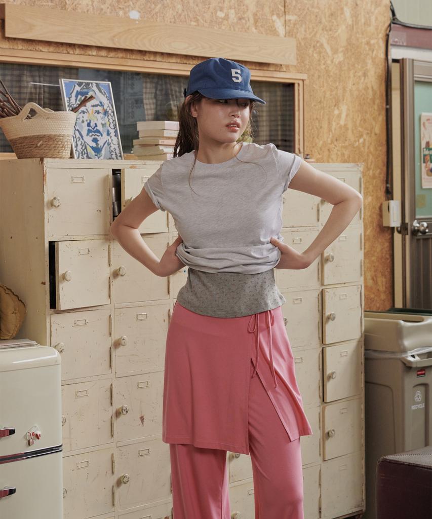 Okkitteu Layered Wrap Skirt Pants Pink