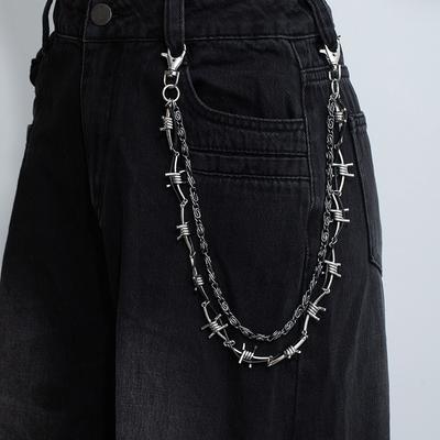 Personalized Punk Wind Leather Rope Thorns Trousers Men'S Trendy Cool Double Waist Chain Fashion Hip Hop Lanyard