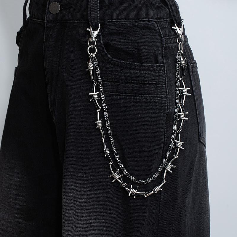 Personalized Punk Wind Leather Rope Thorns Trousers Men'S Trendy Cool Double Waist Chain Fashion Hip Hop Lanyard