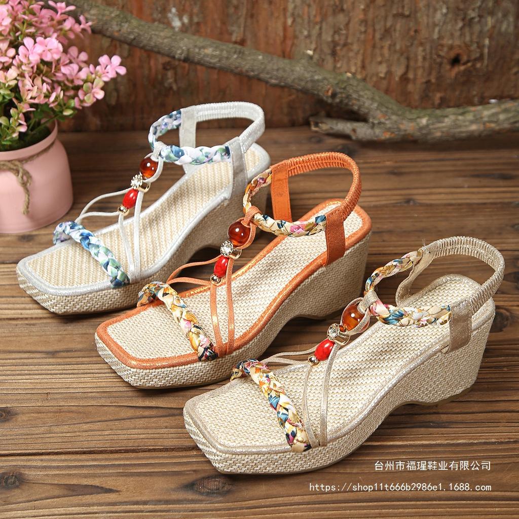 European and American Wedge Sandals Women's Bohemian 2025 New 43 Large Size Ethnic Elastic High-heeled Sandals