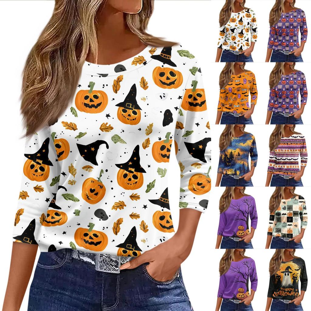 Women's 3/4 Sleeve Loose Fit Casual Shirt Round Neck Halloween Print Top Comfortable Lightweight Fabric Suitable for Everyday Wear