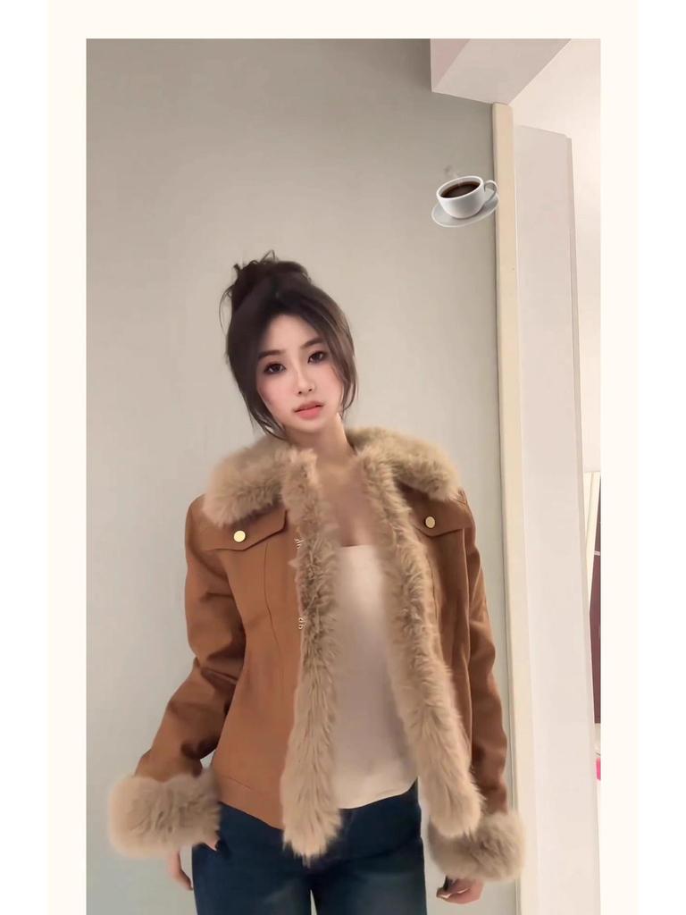 Women's Fashionable One-Piece Leather & Fur Lambswool Coat - Thickened 2024 Autumn/Winter High-End Plush Jacket