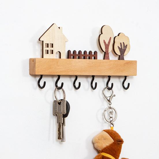 Rustic Wood Key Hanger Hanger with Decorative Wall Mounted 6 Hooks Entrance Key Hanger for Keys