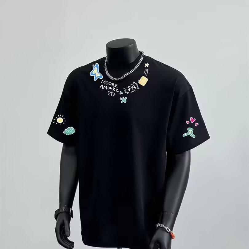 

Тяжелая американская хипстерская футболка с мультяшным принтом, с коротким рукавом, для мальчиков, летняя, премиального качества, нишевая, свободного кроя, топы Ins 5XL чёрный