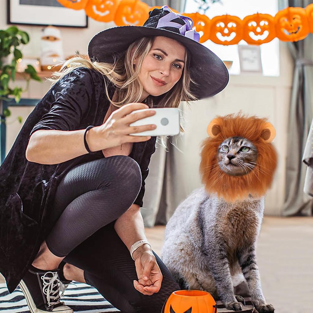 Cat Halloween Costumes - Lion Mane Wig for Cats & Puppies, Adjustable Pet Cosplay Apparel Kitten Outfits for Halloween Christmas Cat Birthday Party