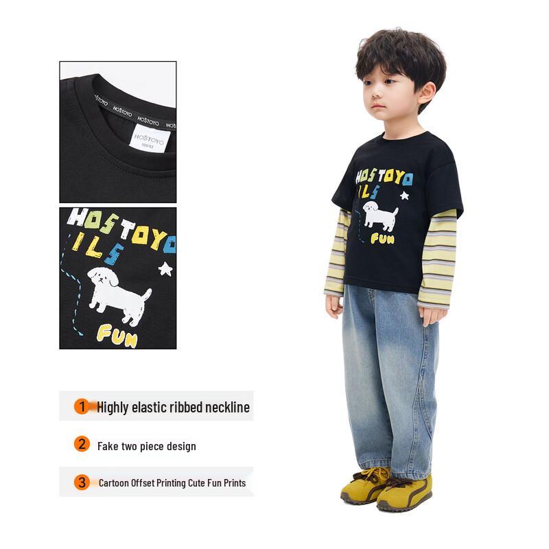 Boys' Cartoon Print Faux Layered Long Sleeve T-Shirt
