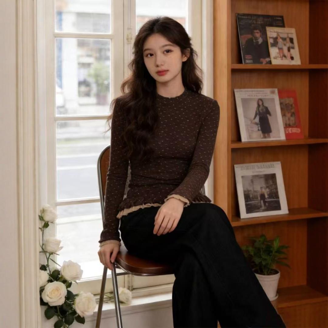Korean-Style Retro Polka Dot Coffee Long-Sleeve T-Shirt with Cinched Waist - 2026 Spring Collection Extra Large