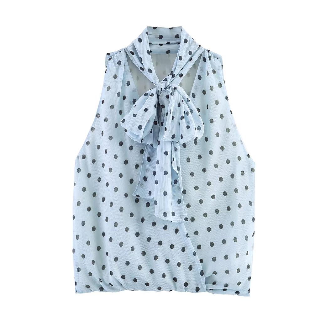 European and American Style, New Women's Clothing, Versatile, Fashionable Polka Dot Bow Top 3053483