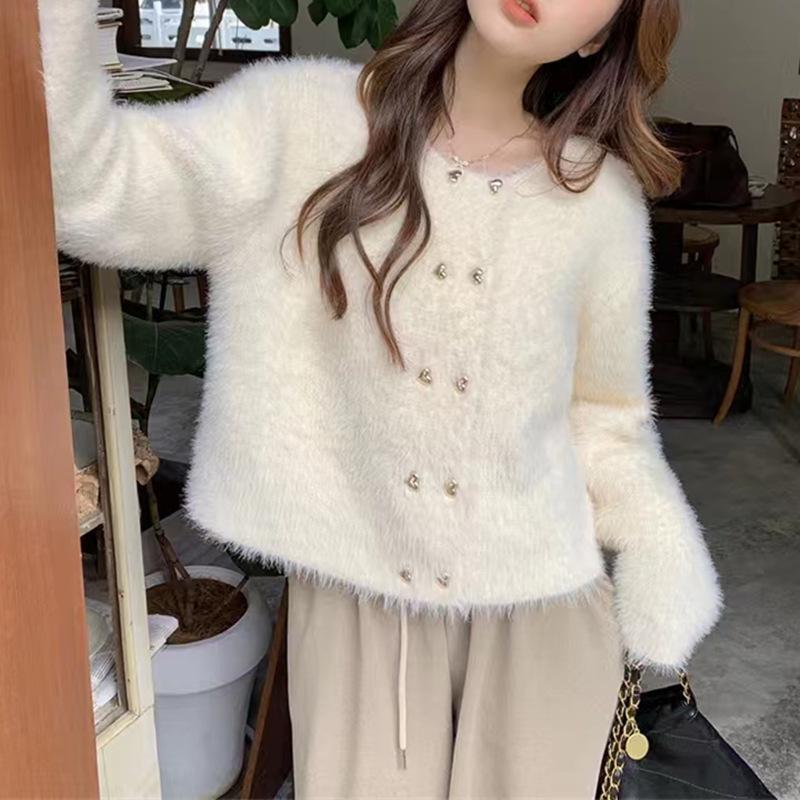 French small fragrant style imitation mink knitted cardigan women's autumn and winter temperament elegant round neck solid color double-breasted