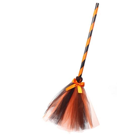Net Yarn Bowknot Decor Cosplay Decorative Halloween Witch Broom Costume Party Halloween Plastic Broom Props Party Supplies