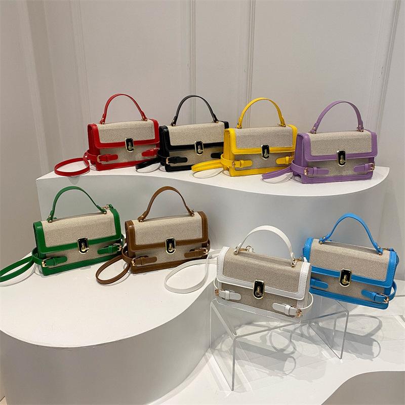 NEW Luxury Designer Lock Straw and PU Leather Patchwork Women's Handbag Retro Crossbody Bag Flap Tote