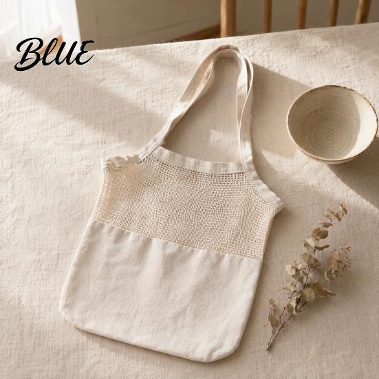 Breathable Shopping Bag Canvas Bag Mesh Splicing Design with Reinforced Picnic Carry Straps Grocery Tote for Fruits Vegetables Bread Snacks Strap