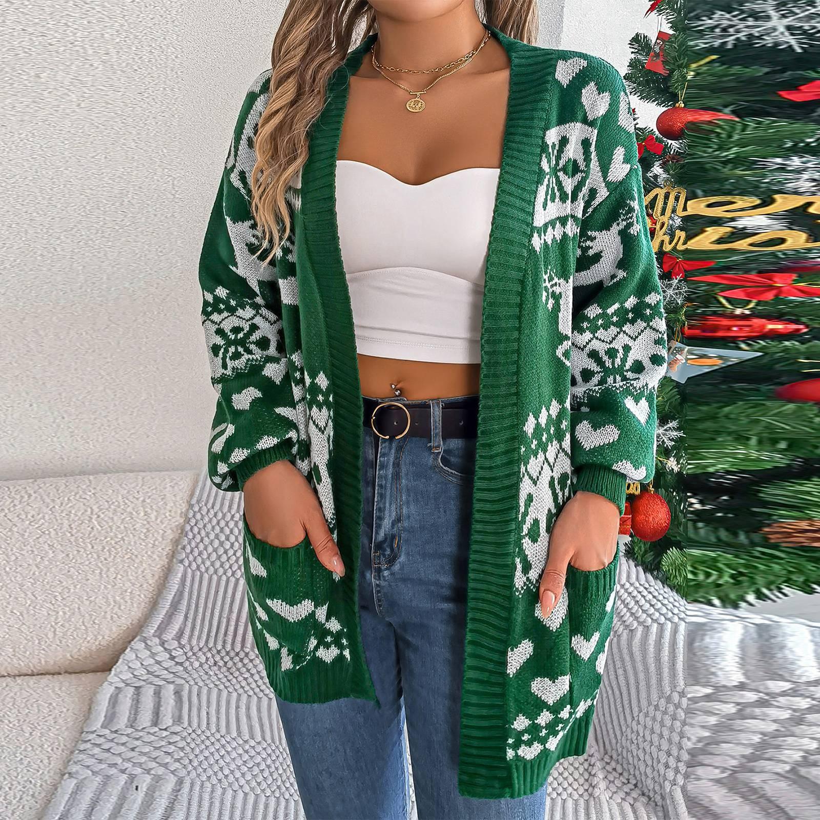 

Женская мода повседневная рождественская куртка-кардиган с длинным рукавом и карманом S зелёный