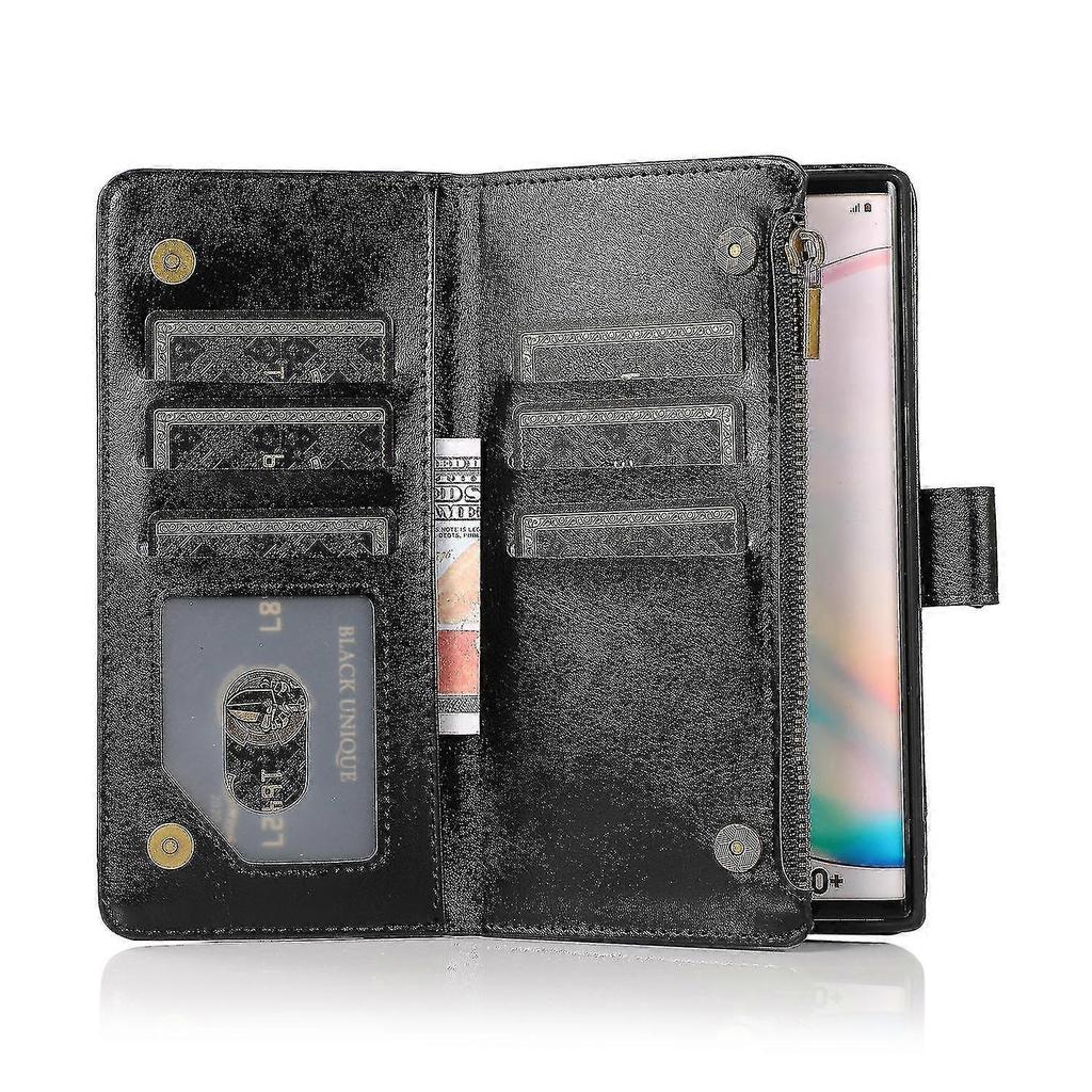 Wallet Case For Samsung Galaxy Note 10 Plus Zipper Purse With 9 Card Holder Slot,wristlet,stand,magnetic Flip Leather Case Cover Black