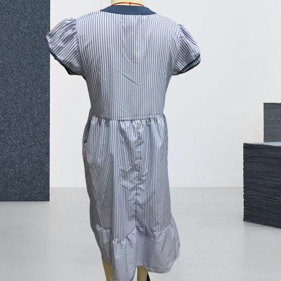 Abito Midi a Strisce da Donna Manica a Sbuffo a Cappuccio Scollo a V Svasato Lungo Abito Estivo per Vacanze al Mare Abito a Sbuffo Fluttuante