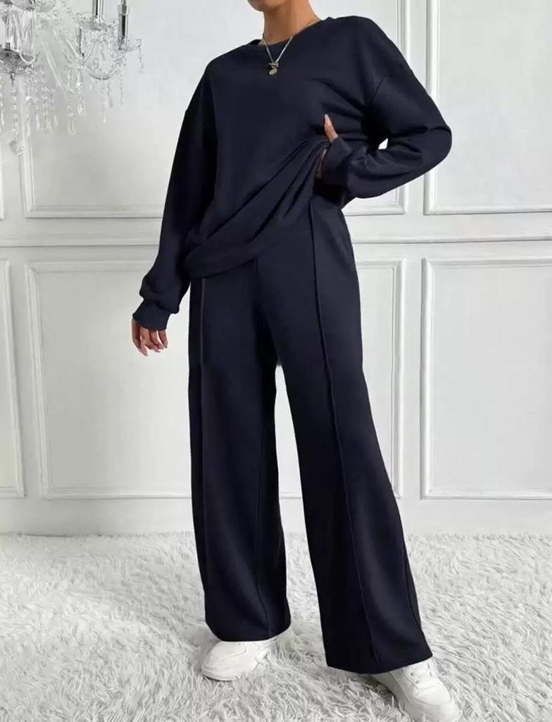 Trendy Solid Color Long Sleeve Round Neck Two-Piece Set for Women