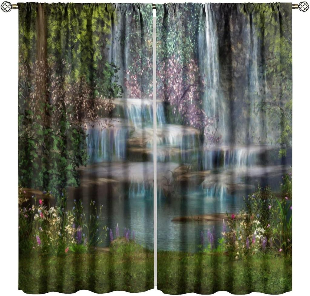 Blackout Red Forest Waterfall Windows Curtains Tree Landscape Woodland Scenic Nature Fall Scenery Art Printed Curtain Made Of Polyester Washable