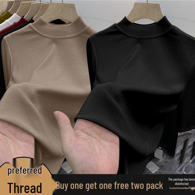 Chic High-Neck Slimming Mid-Sleeve Top (1/2 Piece) - Fashionable Natural Shoulders, Ideal for Spring/Autumn Layering, Body-Conscious Women's T-Shirt