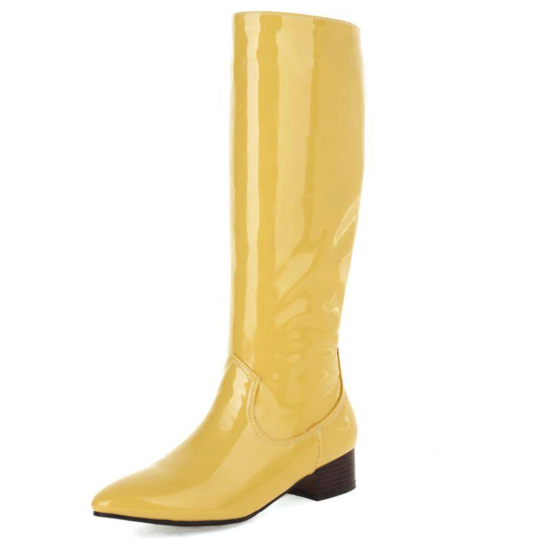 

2025 Luxury Shiny Women Knee High Boots Pointed Toe Mid Heels 3.5cm Slip on Big Size 41 42 43 Sexy Female Dating Bota 39 жёлтый
