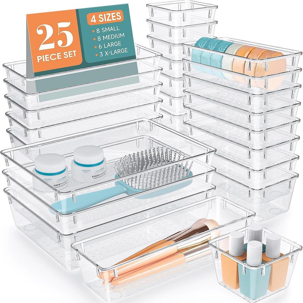 25 PCS Clear Plastic Drawer Organizer Set, 4 Sizes Desk Drawer Divider Organizers and Storage Bins for Makeup, Jewelry, Gadgets for Kitchen, Bedroom