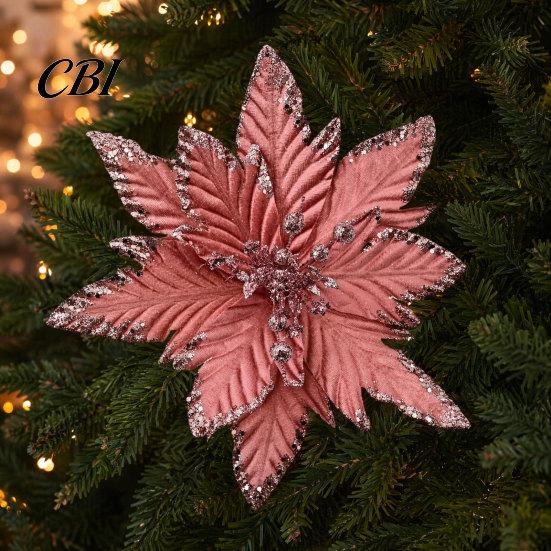 Velvet Poinsettia Decorations Artificial Flowers, Handmade Bead Cluster Christmas with Gold Glitter Fabric Decorative Flower Picks Petals, Reusable