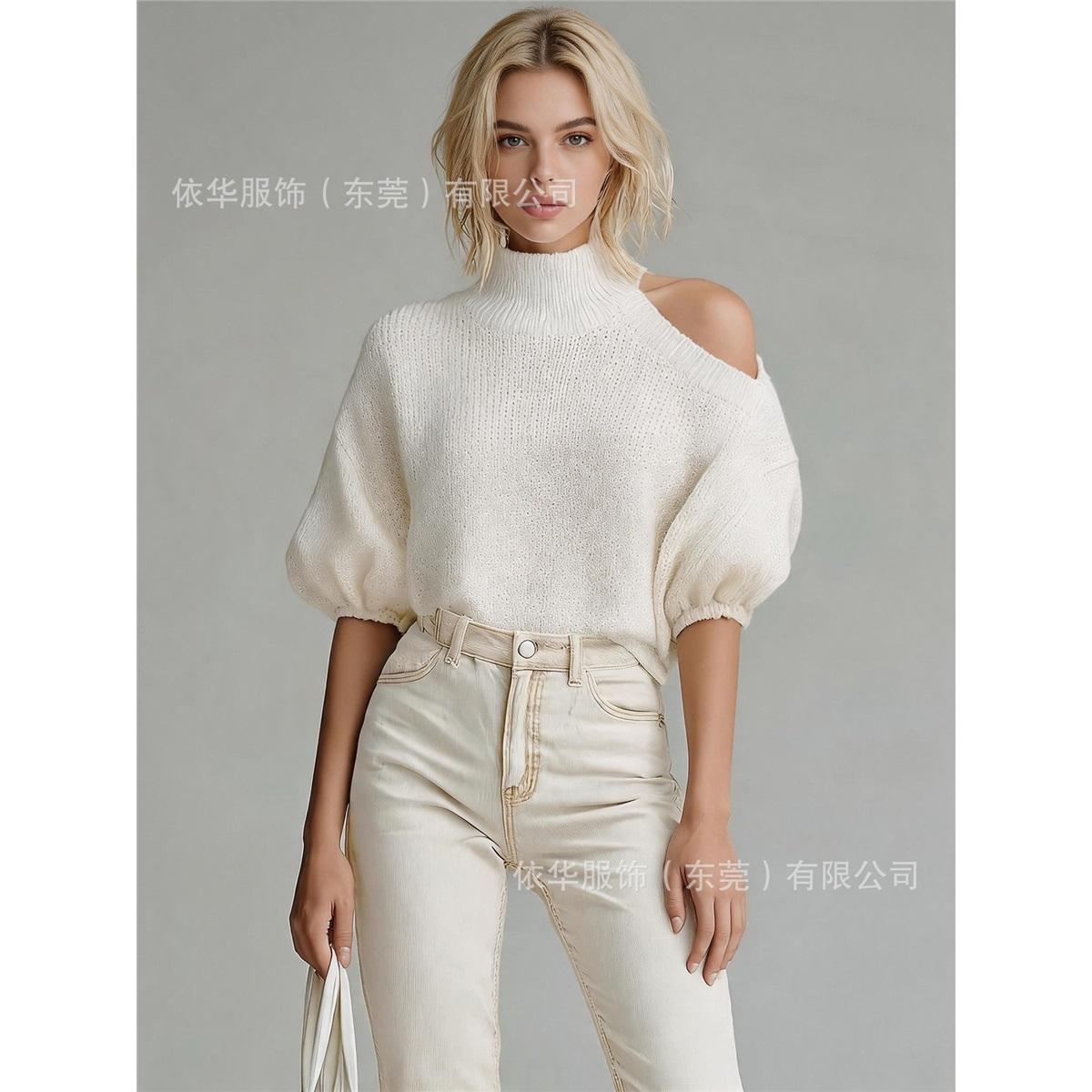 Dames Mock Neck Één Schouder Off Shoulder Trui Pofmouwen Los Gebreide Top S