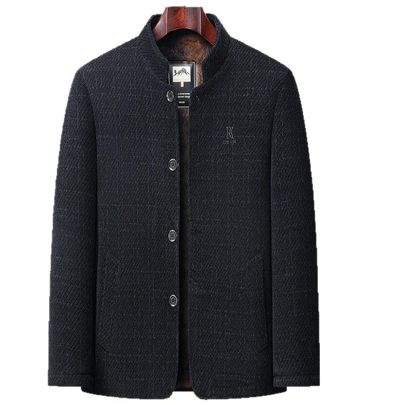 Men's Winter Wool Coat: Dad Style Stand Collar, Plus Velvet Thickened, Mid-Length Jacket for Middle-Aged and Elderly.