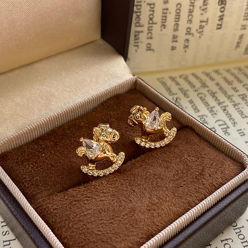 Real gold electroplated zircon pony stud earrings new Chinese versatile earrings natal year earrings
