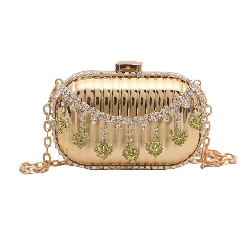 Metal Mini Bag Rhinestone Tassel Shoulder Bags Women's Chain Crossbody Chain Box Bags Gold Evening Bag