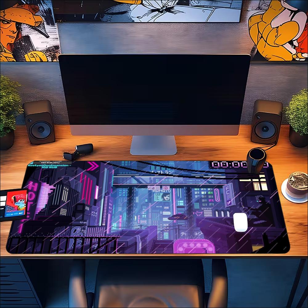 Cyberpunk Neon City Large Extended Mouse Pad Nonslip Rubber Base Stitched Edges Smooth Surface For Work And Office Use