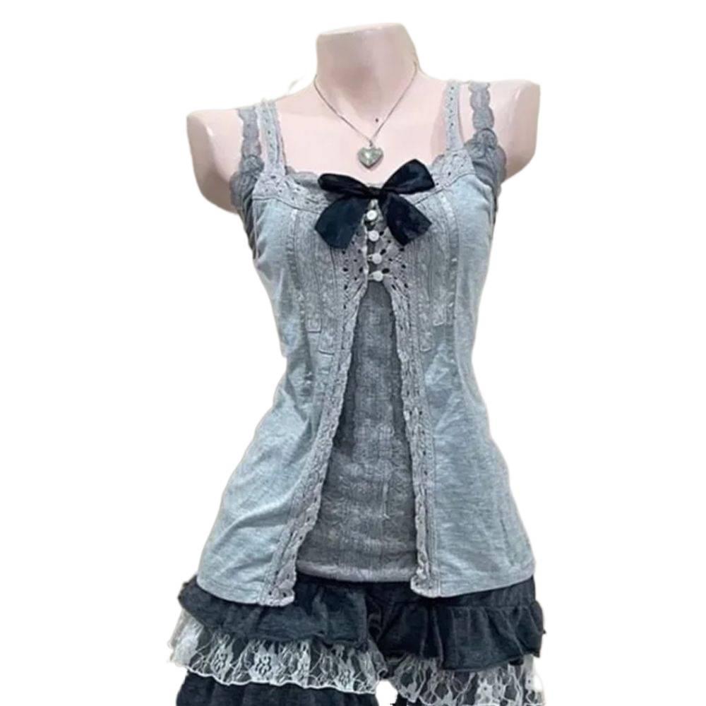 Retro Summer Japanese Soft Girl Bow Lace Skirt Set