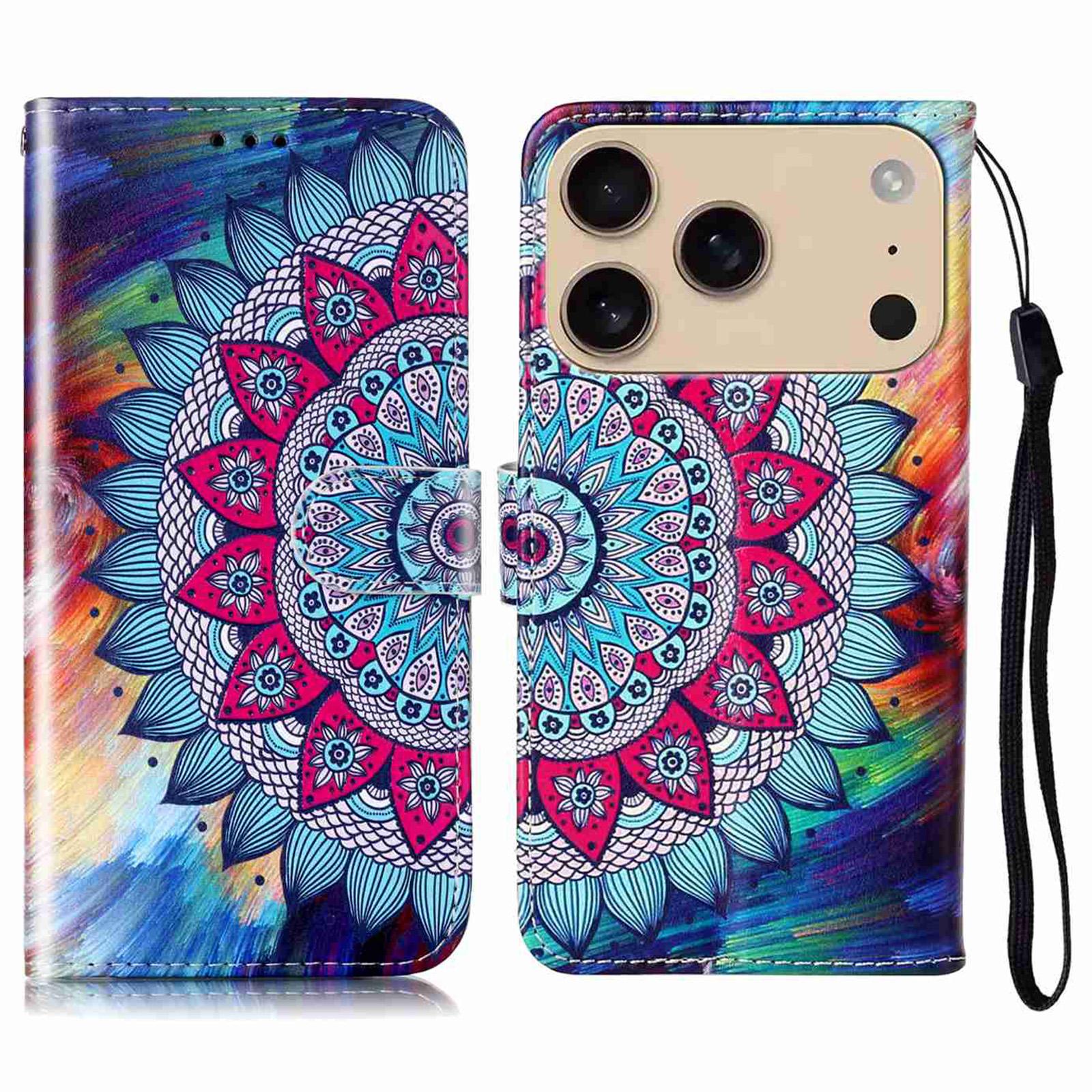 

For iPhone 17 Pro Case Pattern Leather Wallet Phone Cover with Strap Mandala Flower