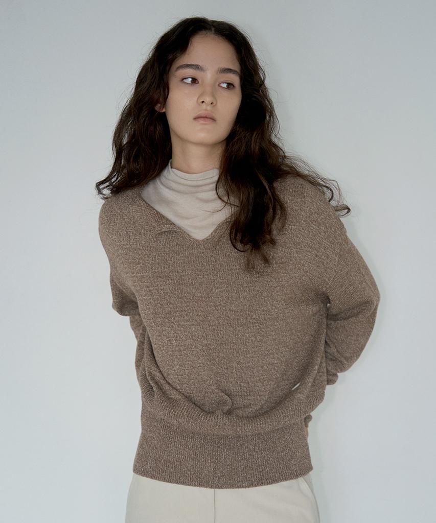 WEEVER V Neck Slit Loose Fit Knit Brown