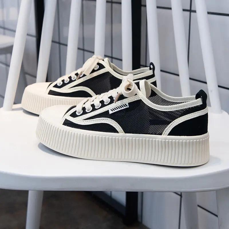 High On Platform Lace Up Low Round Toe Black Mesh Breathable Canvas Female Footwear Women's Shoes Daily Routine Y2k Fashion 2025
