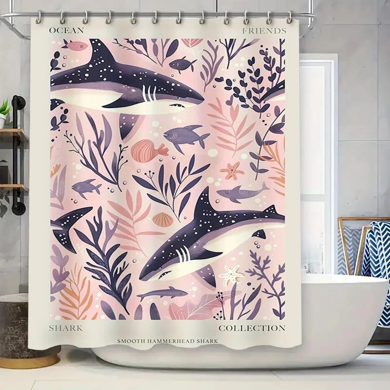 

Hammerhead Shark Bath Matocean Life Printed Shower Curtain Pink Purple Colorful Fishes Decor For Bathroom (180 X 240 Cm) W60H190(CM)-1 Pcs