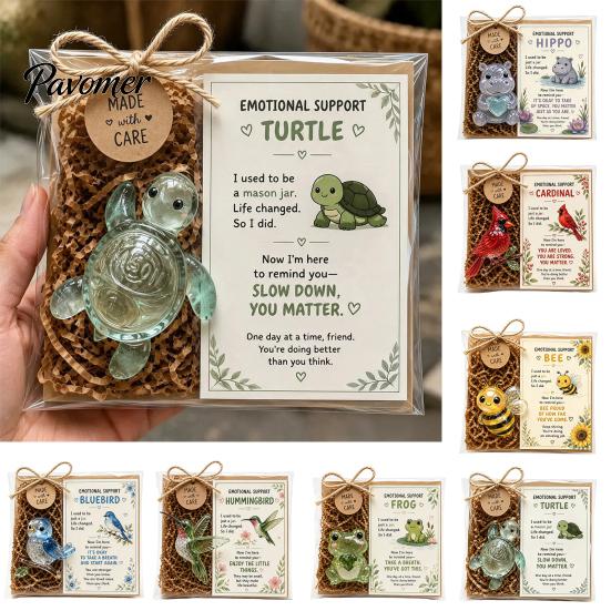 Cute Resin Animal Figurine Emotional Support Glass Gift, Recycled Pocket Hug Turtle/Bird/Frog Healing Desk Keepsake with Encouragement Card,