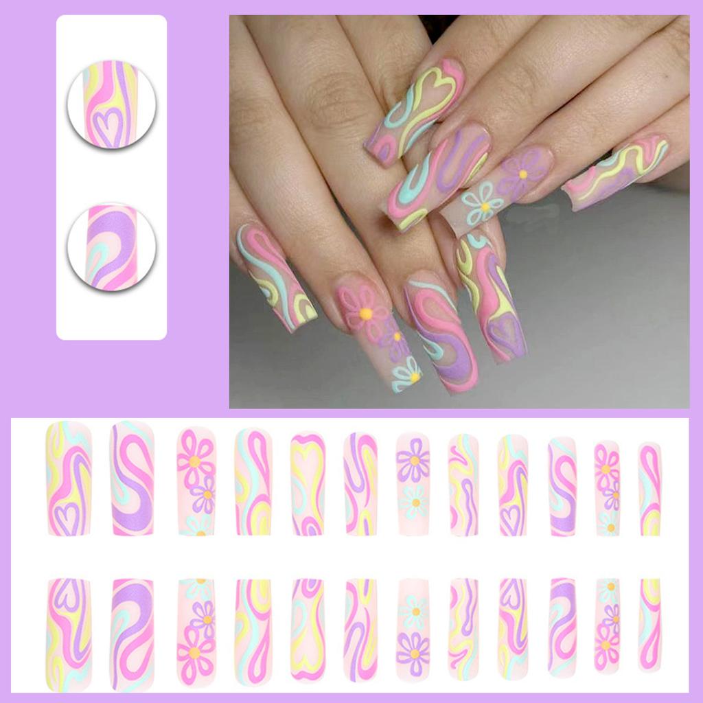 Nude Long Fake Nails with Flower Graffiti Chip-Proof Smudge-Proof Fake Nails for Daily and Parties Wearing