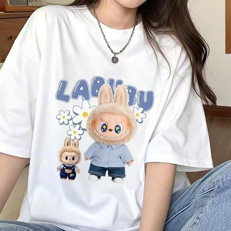 

Женская футболка с коротким рукавом, футболка с принтом Лабубу, летняя повседневная модная одежда, мультяшная милая аниме-топ для девочки S
