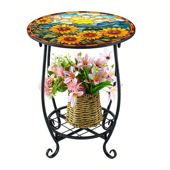 Huaqianguhh Outdoor Side Table, Round Small Mosaic Bird Butterfly Patio Accent, Indoor End Plant Coffee Tea Table for Yard Porch Garden Living