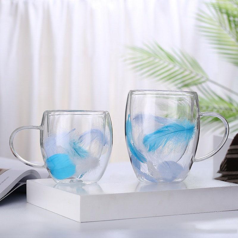250/350ml Creative Feather Double Wall Glass Cup With Handle Espresso Cups Milk Latte Cappuccino Tea Water Couple Mug Gift